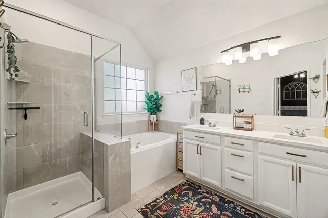 a bathroom with a double vanity sink mirror and shower