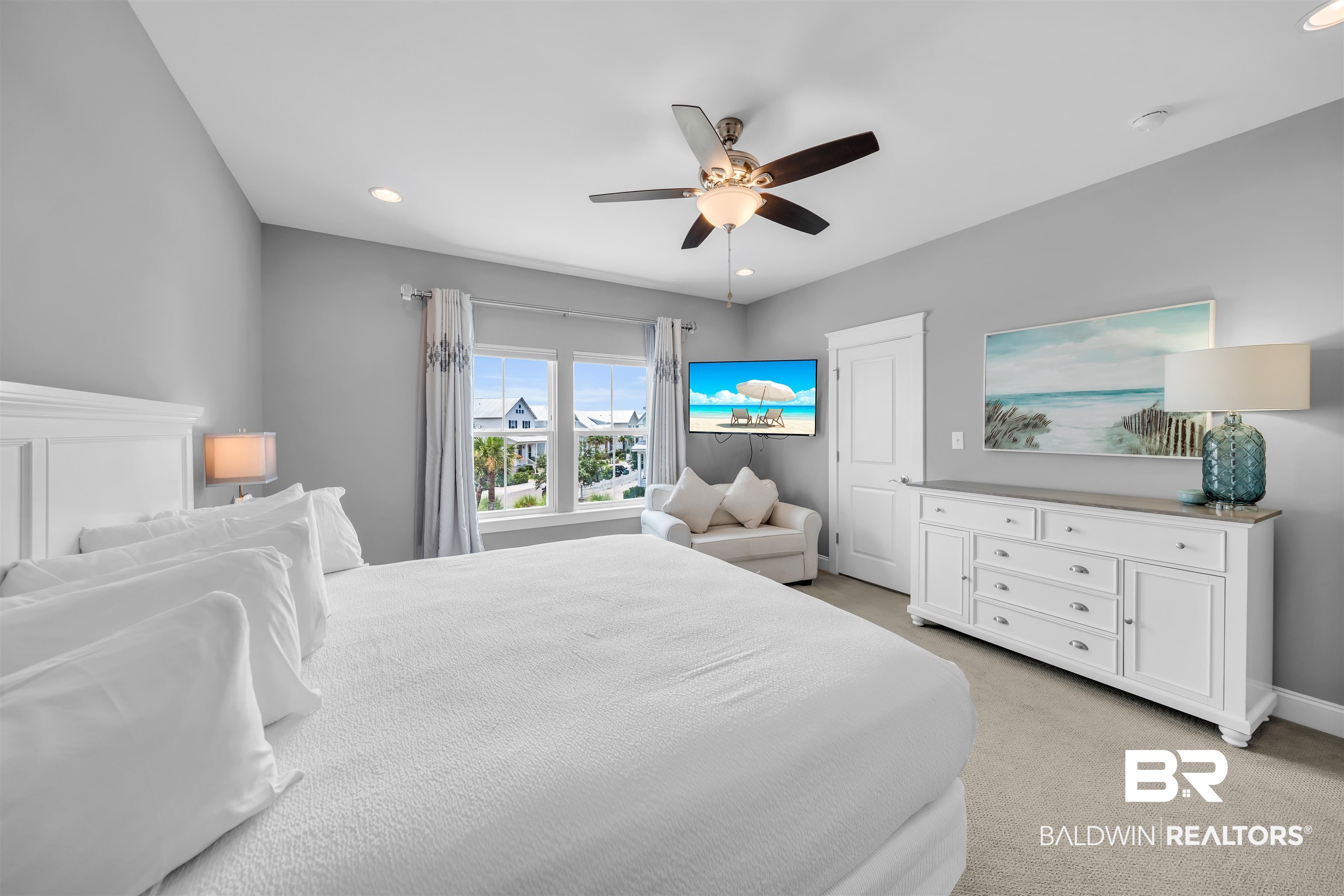 47 Parks Edge Orange Beach, AL 36561 - Photo 19 of 40 Bedroom with recessed lighting, light carpet, and ceiling fan