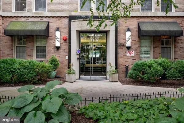 a view of a building with potted plants