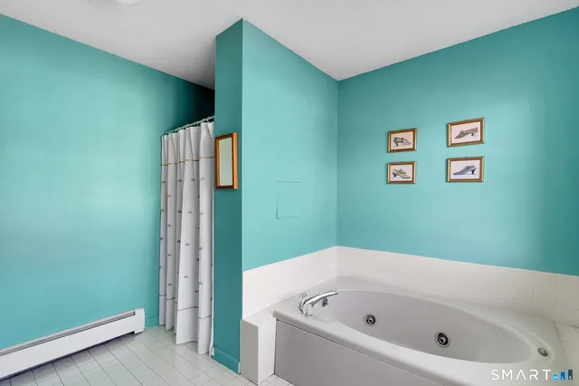 a bathroom with a bathtub and shower