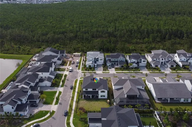 an aerial view of houses with outdoor space