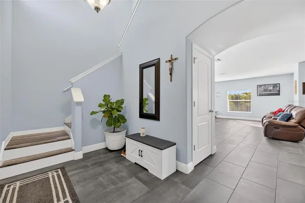 a hallway with a potted plant and a window
