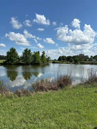 a view of a lake with houses in the back