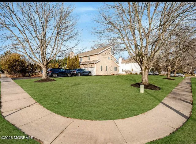 a view of a big yard with large trees
