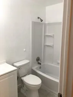 a white toilet sitting next to a bath tub
