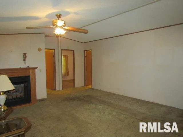 a view of an empty room with a fireplace