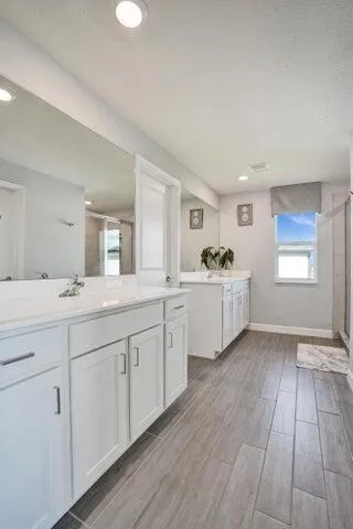 a bathroom with a sink mirror and a window