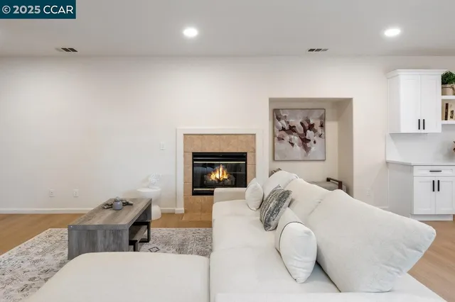 a living room with furniture and a potted plant