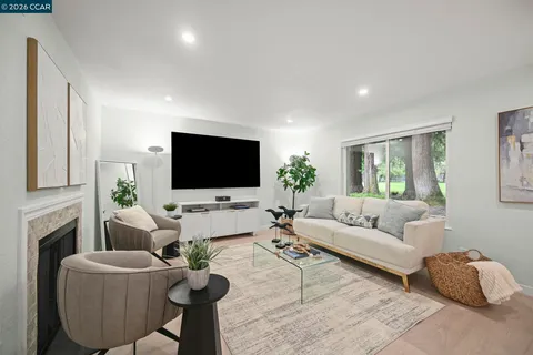 a living room with fireplace furniture and a flat screen tv