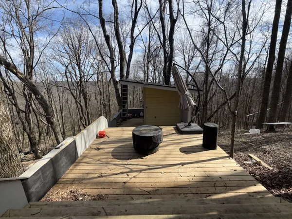 a view of a house with a large tree front of house