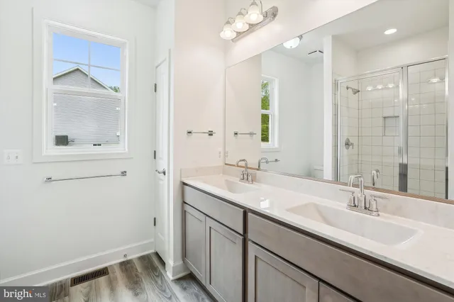 a bathroom with a double vanity sink a mirror and a shower