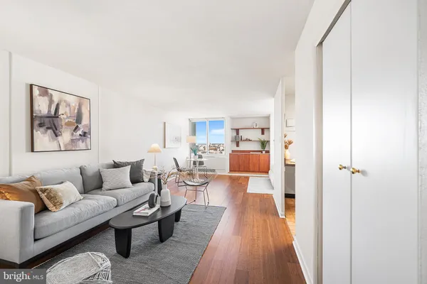 a living room with furniture and a rug