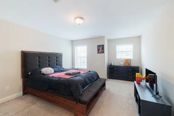 a bedroom with a bed and a flat screen tv