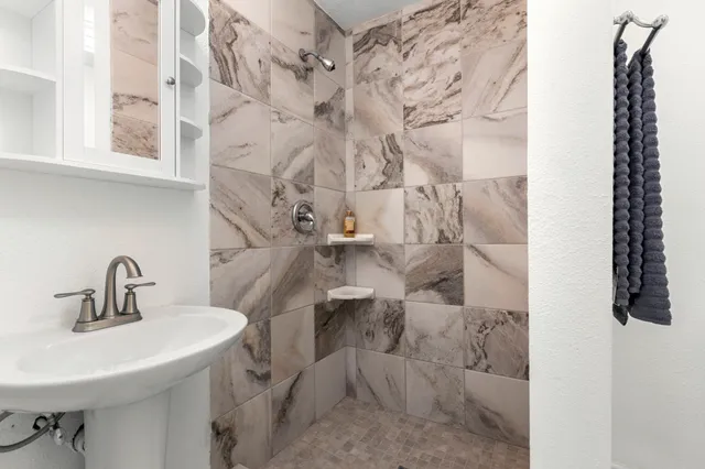 a view of a backyard with a tree