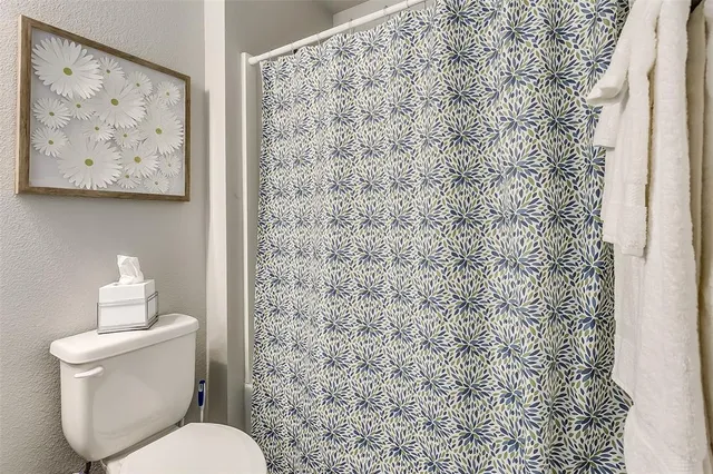 a white toilet sitting next to a shower curtain