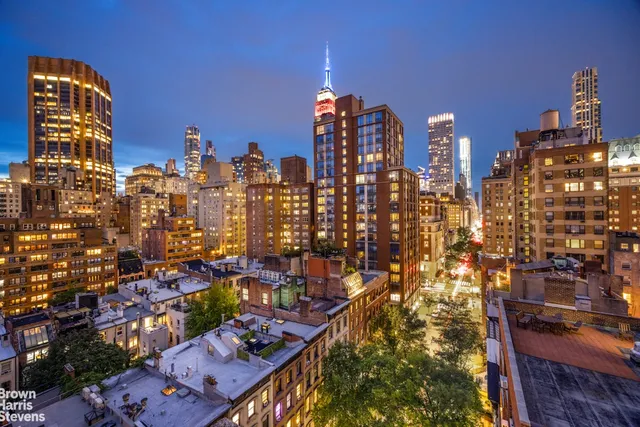 a city view with tall buildings
