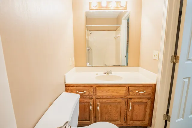 a bathroom with a sink a toilet and mirror