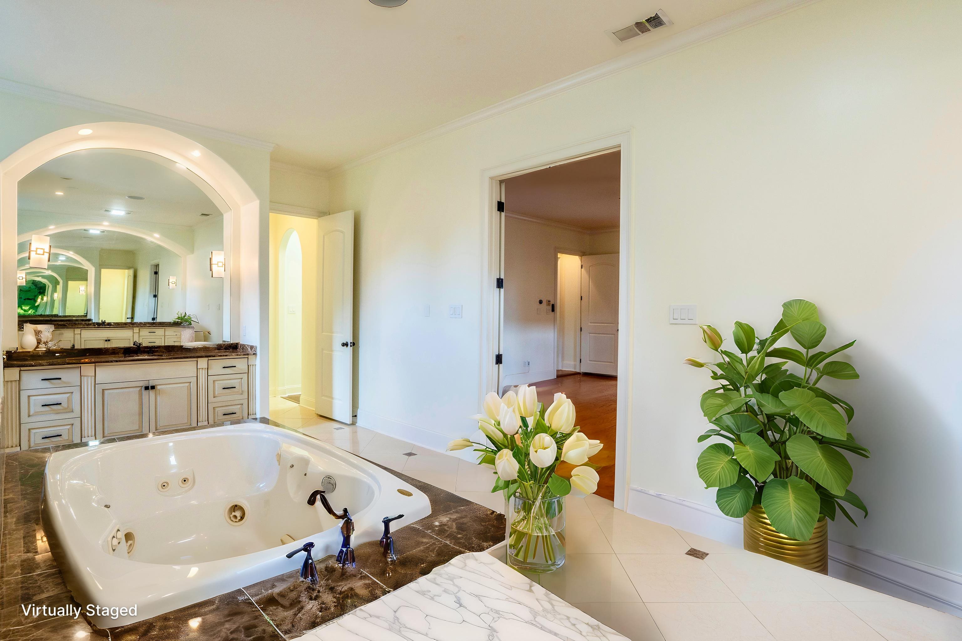 205 Jamerson Farm Road Collierville, TN 38017 - Photo 12 of 36 Full bath with tile patterned floors, vanity, a whirlpool tub, visible vents, and ornamental molding