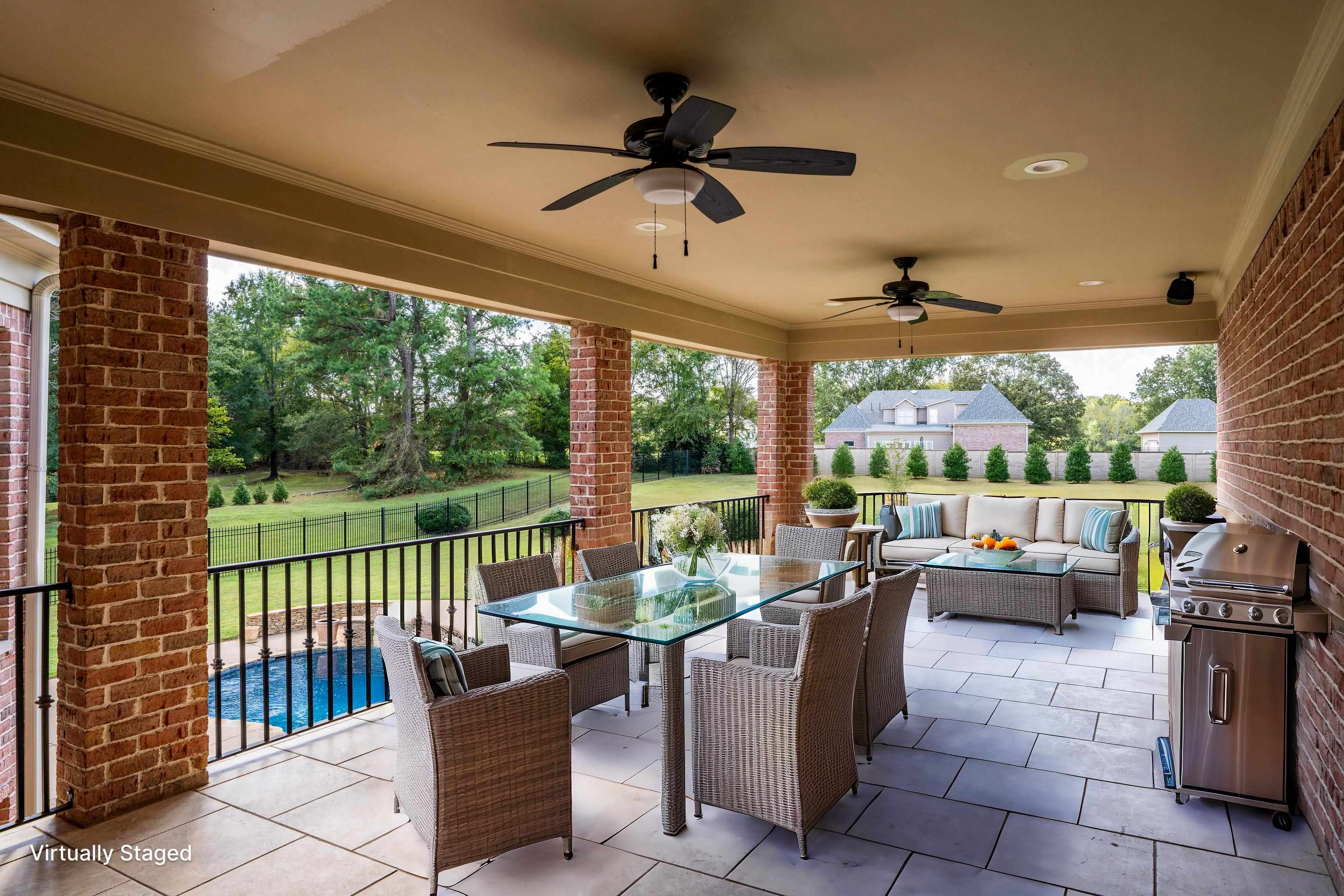 205 Jamerson Farm Road Collierville, TN 38017 - Photo 29 of 36 View of patio / terrace featuring an outdoor living space, a grill, a fenced backyard, outdoor dining area, and ceiling fan