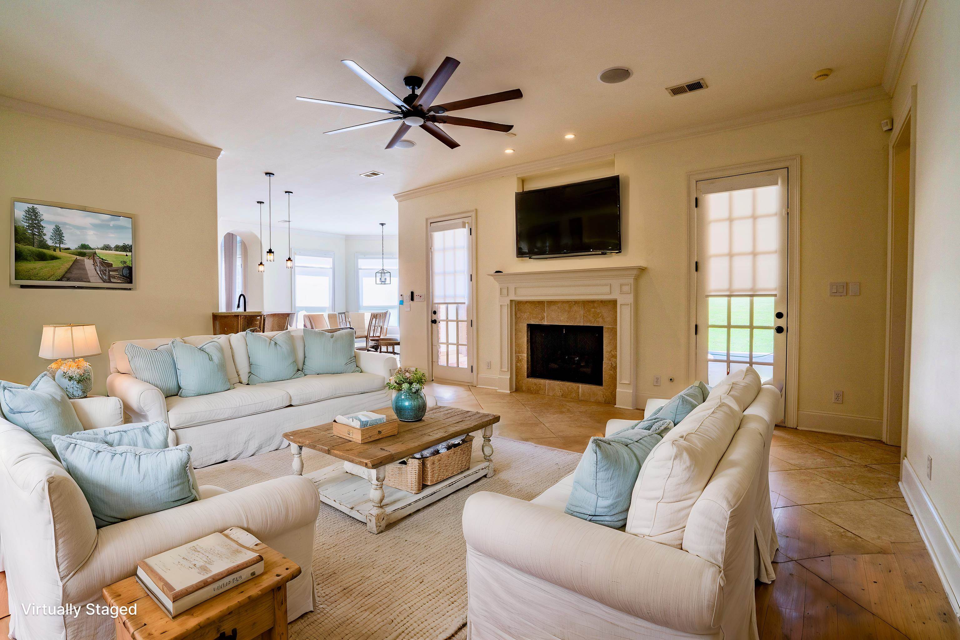 205 Jamerson Farm Road Collierville, TN 38017 - Photo 9 of 36 Living room with visible vents, ceiling fan, ornamental molding, and a fireplace