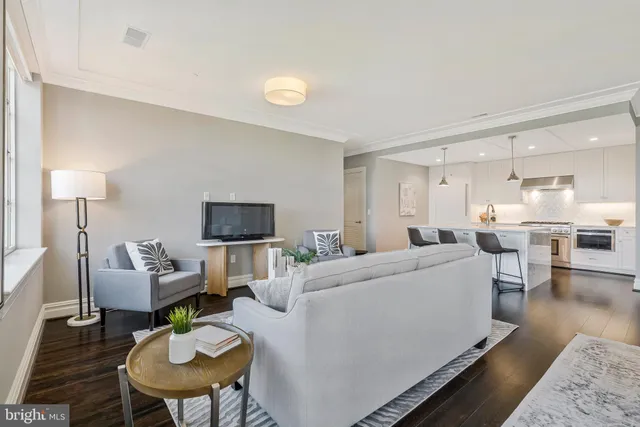 a living room with furniture and a dining table with kitchen view