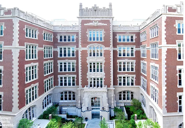 a front view of a brick building