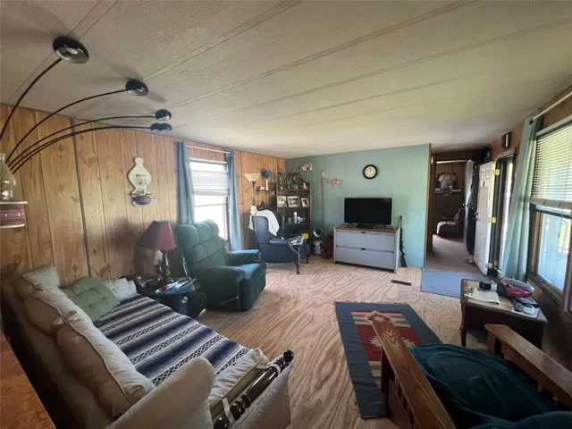 a view of a field with trees in the background