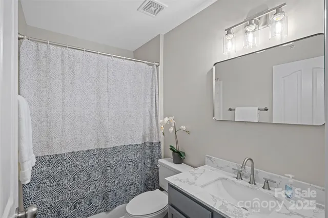a bathroom with a sink a toilet and shower curtain