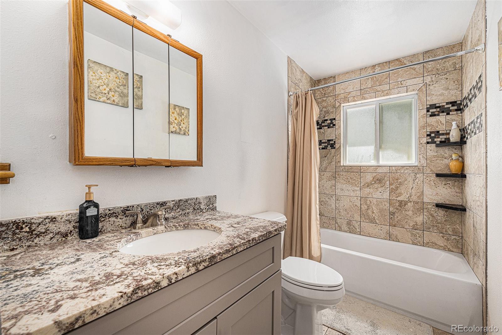 10142 South Turkey Creek Road Conifer, CO 80433 - Photo 16 of 48 a bathroom with a granite countertop sink toilet and shower