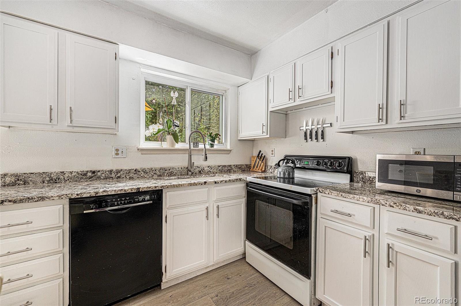 10142 South Turkey Creek Road Conifer, CO 80433 - Photo 9 of 48 a kitchen with granite countertop white cabinets and white appliances