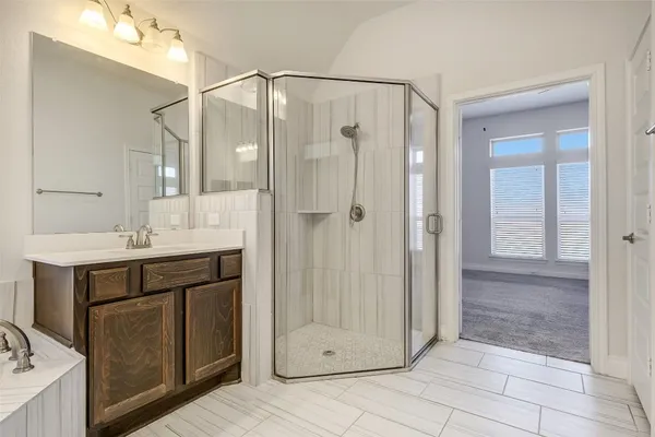 a bathroom with a shower sink and mirror