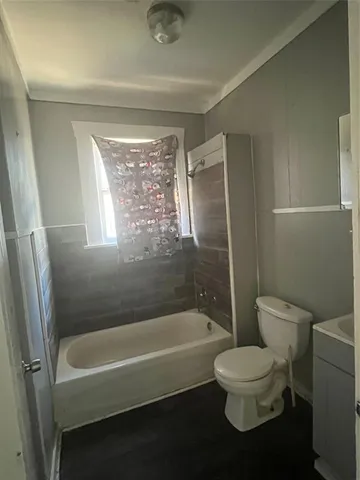 a bathroom with a toilet and a bathtub