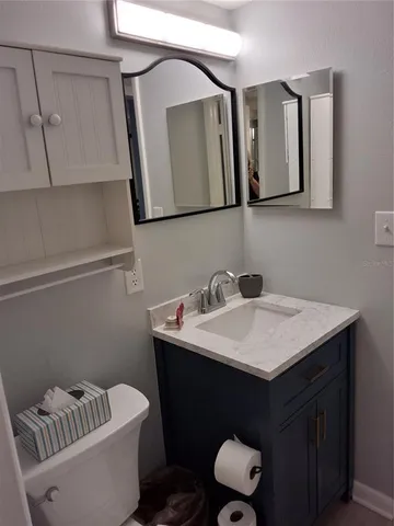 a bathroom with a sink a toilet and mirror