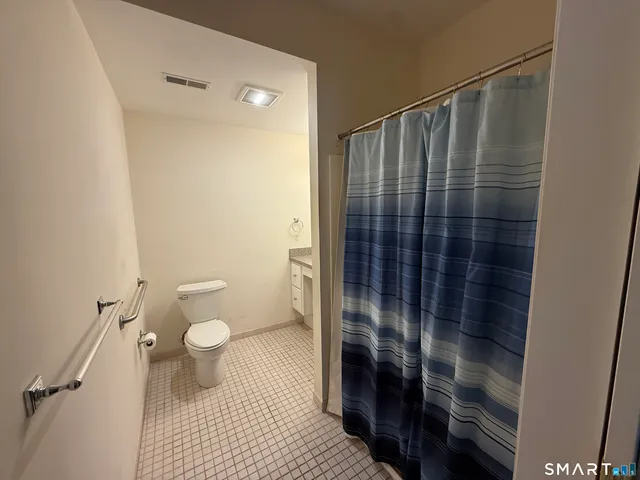 a bathroom with a shower and a toilet