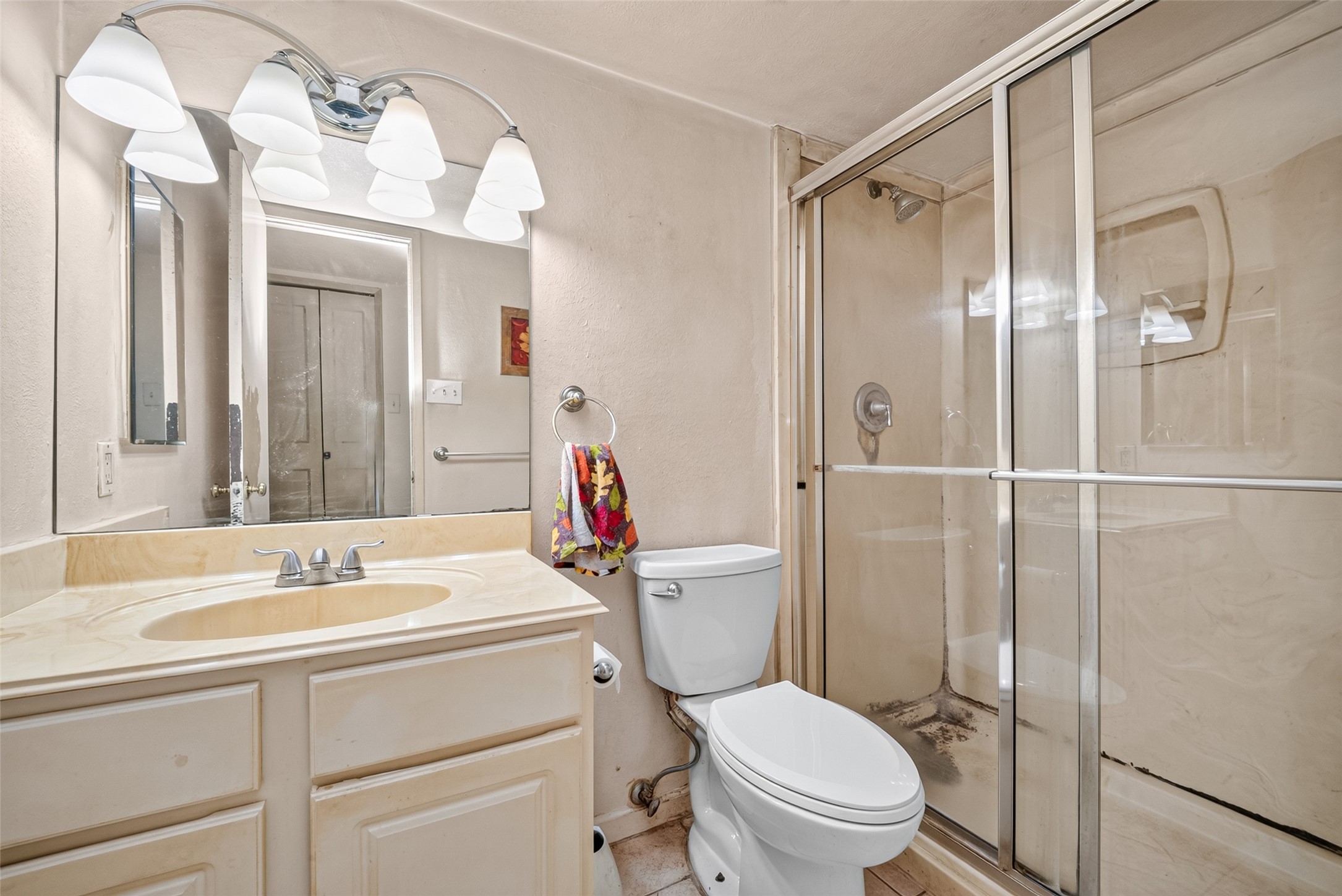 22926 Millgate Drive Spring, TX 77373 - Photo 19 of 34 This bathroom features a single sink vanity with a large mirror and contemporary lighting. It includes a glass-enclosed shower and toilet, offering a clean and functional space.