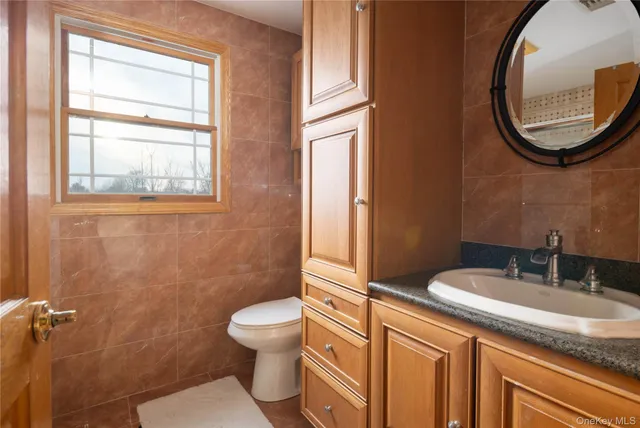 a bathroom with a granite countertop toilet a sink and a mirror