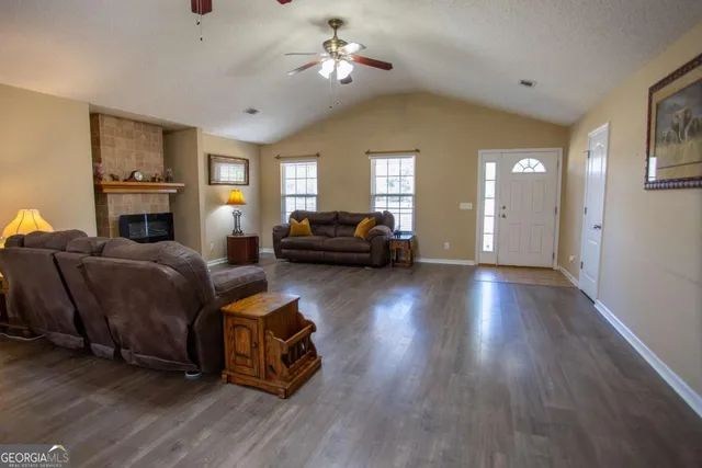a living room with furniture and a fireplace