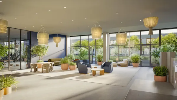 a living room with furniture and a potted plant