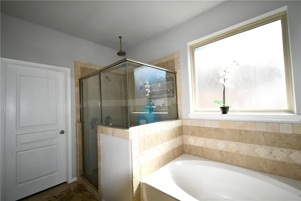 a bathroom with a bathtub and a shower