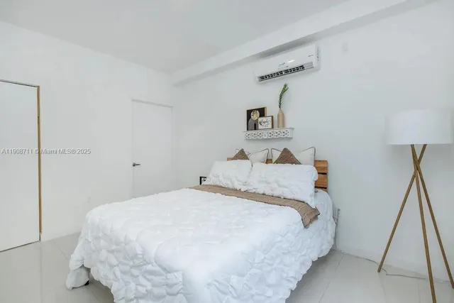 a bedroom with a bed and a flat tv screen on the dresser