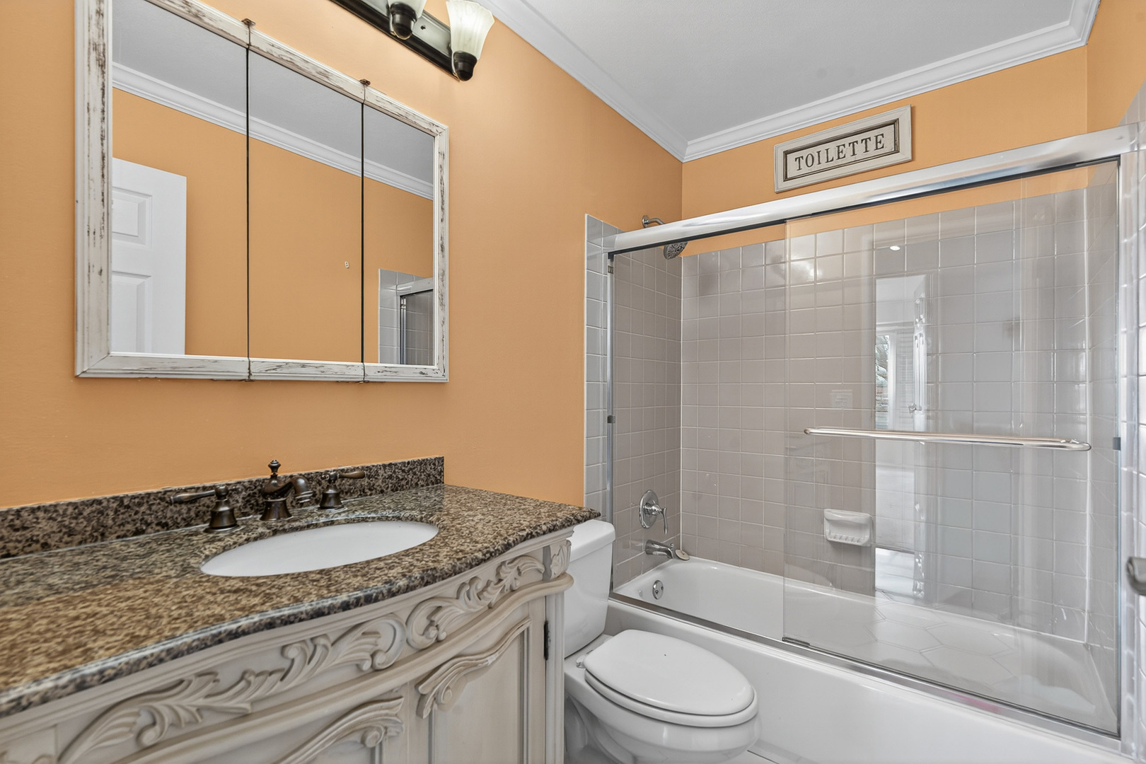 500 West Huntington Commons Road, Unit 253 Mount Prospect, IL 60056 - Photo 17 of 24 a bathroom with a granite countertop sink toilet and shower