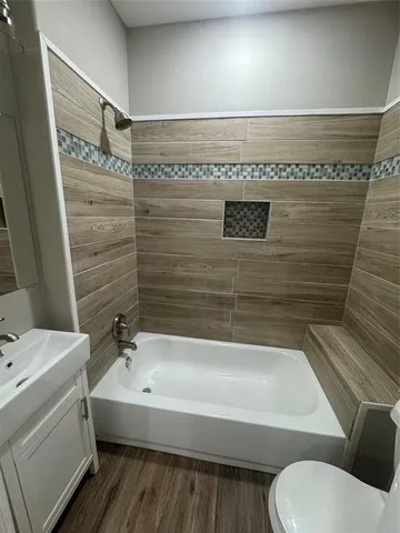 a bathroom with a bathtub