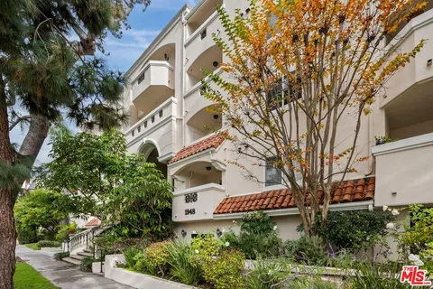 a view of a white house with a large tree and plants