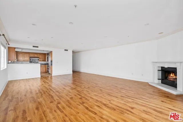 a view of empty room with wooden floor and fireplace
