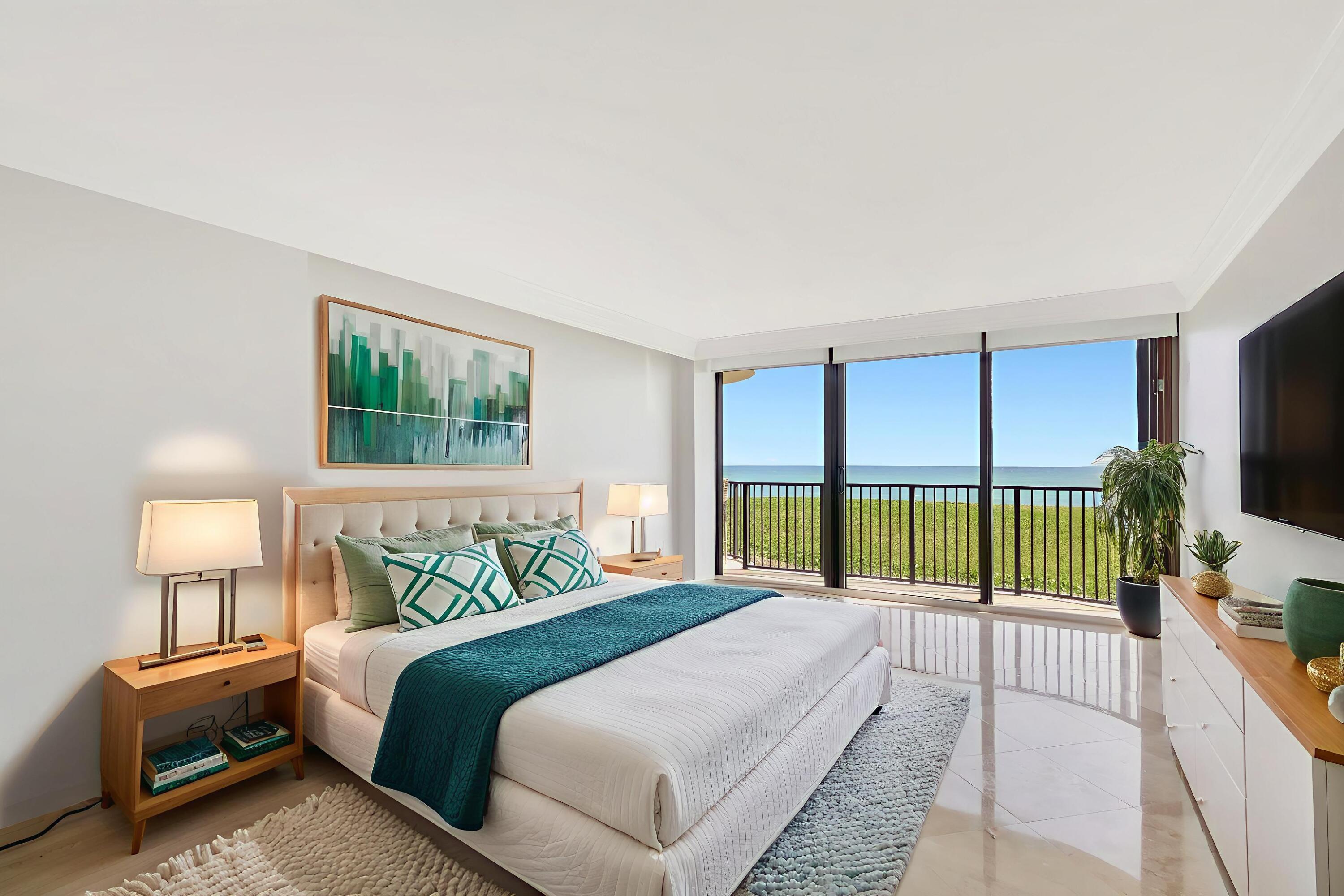 400 South Beach Road, Unit 103 Tequesta, FL 33469 - Photo 22 of 61 a bedroom with a balcony a bed and a flat tv screen next to a window