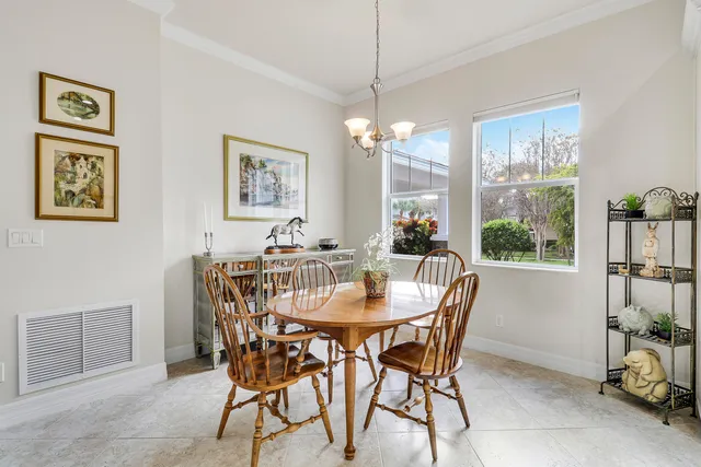 a view of a dining room with furniture window and outside view