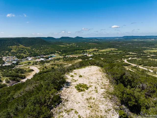 an aerial view of residential houses with outdoor space and trees