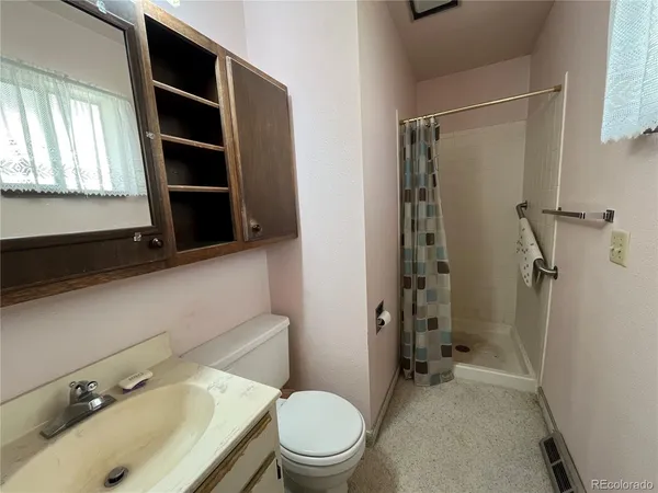 a bathroom with a sink a toilet and shower