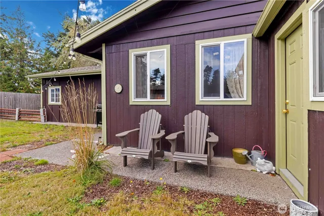 a front view of a house with patio
