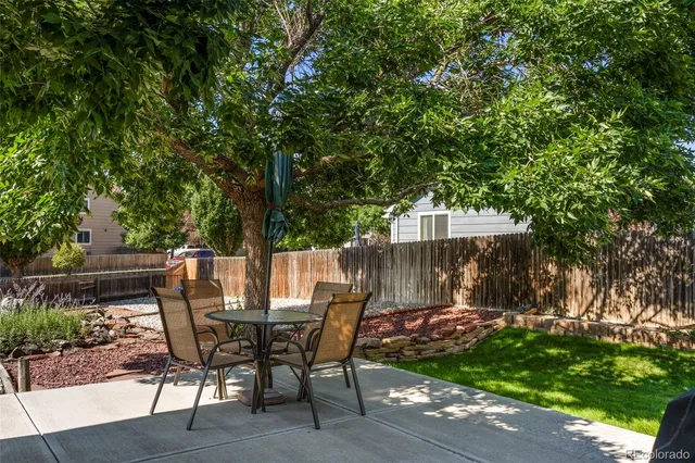 a view of backyard with table and chairs and potted plants